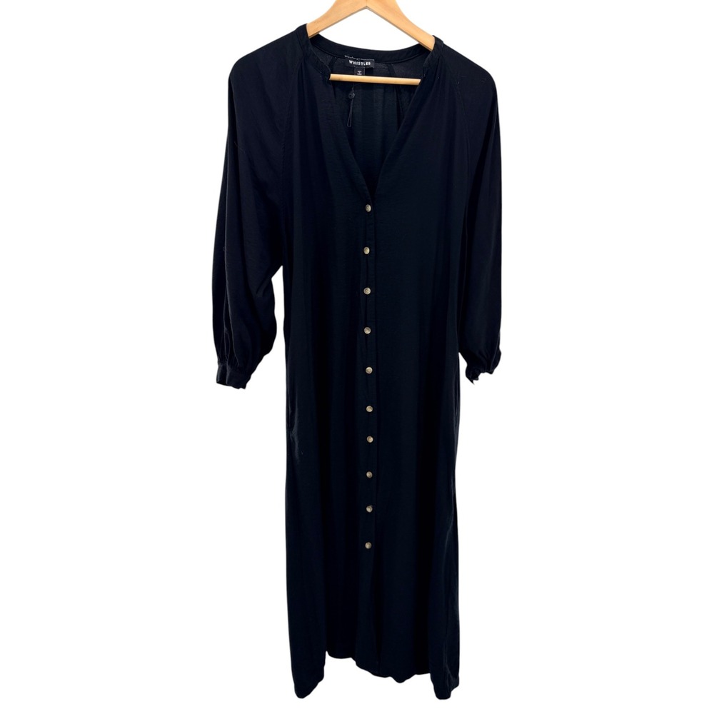 Whistles Lizzie Black Button Midi Dress EcoVero US 8 UK 12 No Belt Minimalist
